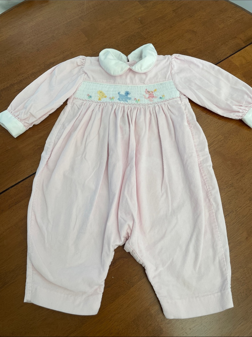 House of Hatten Classic Pink Smocked Baby One-Piece with White Peter Pan Collar